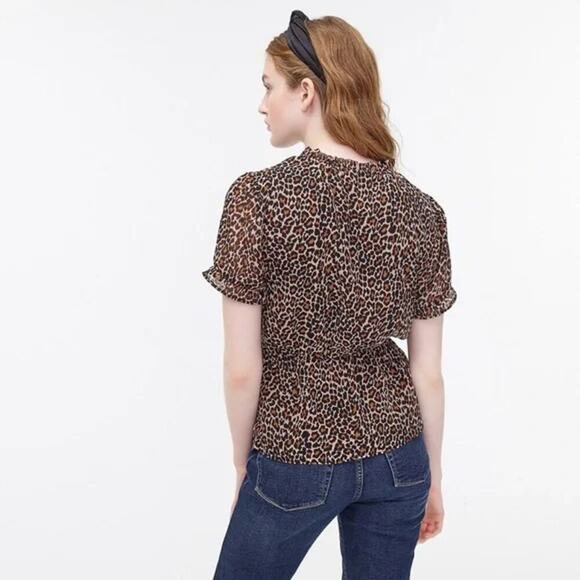 J. Crew Women's Tan Black Leopard Print Ruffle Neck Short Sleeve Peplum Blouse - Picture 3 of 12